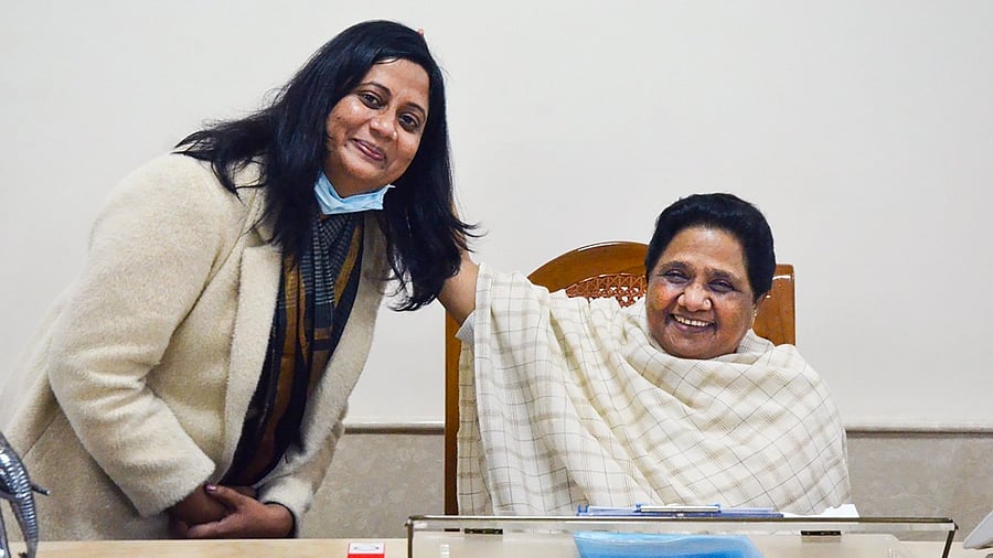 BSP National President Mayawati with advocate Seema Kushwaha after the latter joins BSP ahead of the Uttar Pradesh Assembly elections, in Lucknow. Credit: PTI File Photo