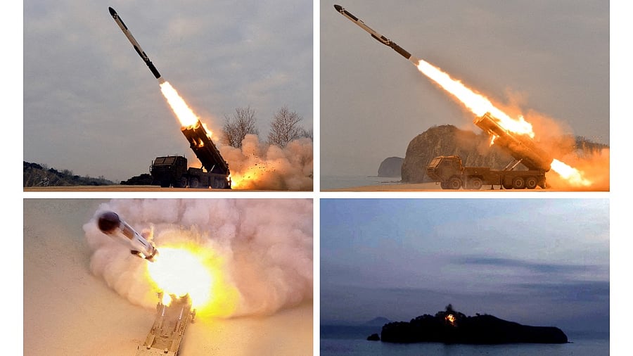 A combination image shows a missile test that state media KCNA says was conducted this week at undisclosed locations in North Korea, in this photo released January 28, 2022 by North Korea's Korean Central News Agency (KCNA). Credit: Reuters File Photo