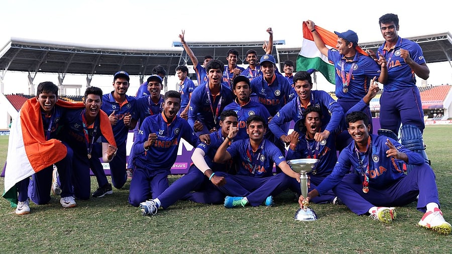 India Cricket teams players celebrates after beating England in the U19 Cricket World Cup finals. Credit: Twitter/@ICC