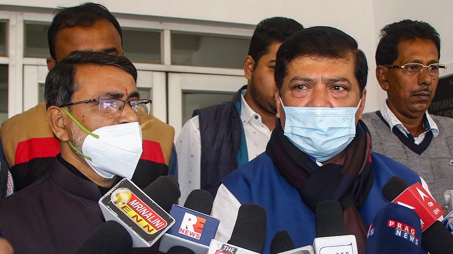 Bharatiya Janata Party MLAs Sudip Roy Barman and Ashish Kumar Saha speak to the media after submitting their resignation papers to Tripura Legislative Assembly speaker Ratan Chakraborty, in Agartala, Monday. Credit: PTI Photo