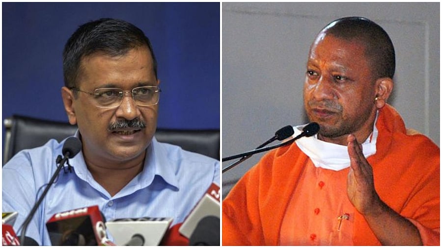 Delhi CM Arvind Kejriwal and Uttar Pradesh Chief Minister Yogi Adityanath. Credit: PTI Photos