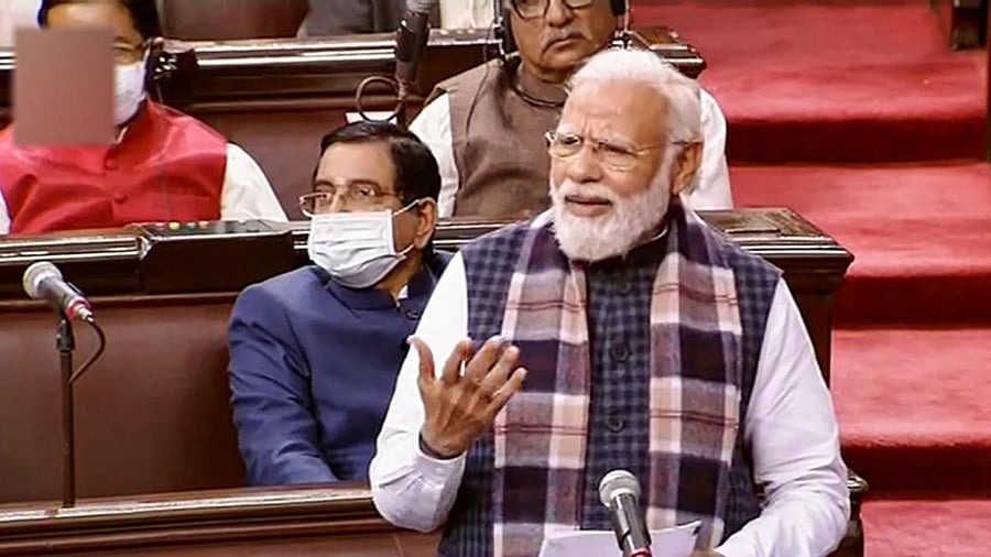 PM Narendra Modi speaks in the Rajya Sabha. Credit: PTI Photo