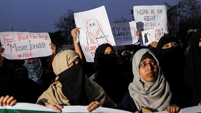 Protests over the hijab row in Delhi. Credit: Reuters File Photo