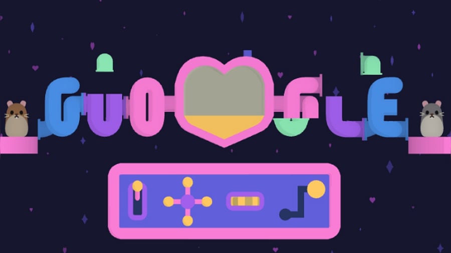 Google is celebrating Valentine's Day with two hamsters, smitten with one another. Credit: Google Doodle