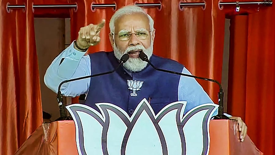 Prime Minister Narendra Modi addresses a public meeting, ahead of the upcoming state assembly elections, in Kanpur. Credit: PTI Photo