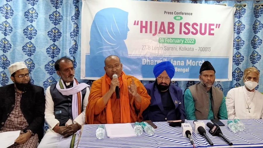 Dharmik Jana Morcha members speak during a talk on the hijab issue in Kolkata. Credit: Special arrangement