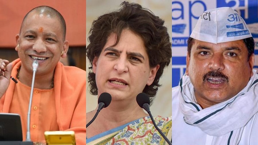 Uttar Pradesh Chief Minister Yogi Adityanath, Congress leader Priyanka Gandhi Vadra and Aam Adami Party MP Sanjay Singh. Credit: PTI Photos