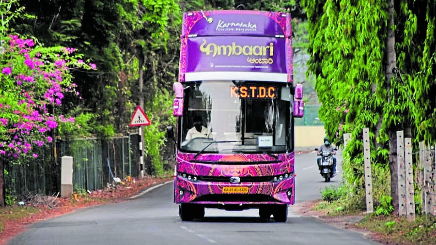 ;KSTDC operated double-decker bus 'Ambari' on a pilot basis in Mysuru. Credit: DH Photo