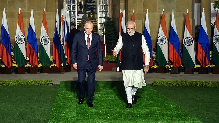 Vladimir Putin and Narendra Modi at a meeting in New Delhi in December 2021. Credit: PTI File Photo