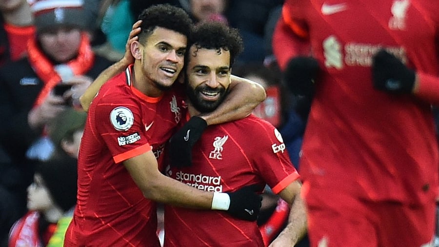 Liverpool's Luis Diaz celebrates scoring their third goal with Mohamed Salah. Credit: Reuters Photo
