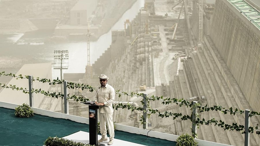 Ethiopia's Prime Minister Abiy Ahmed speaks during the first power generation ceremony at the site of the Grand Ethiopian Renaissance Dam (GERD) in Guba, Ethiopia. Credit: AFP Photo