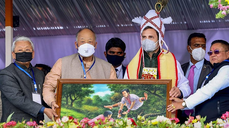  Congress leader Rahul Gandhi and others during an election campaign rally for the upcoming Manipur Assembly elections, in Imphal. Credit: PTI Photo