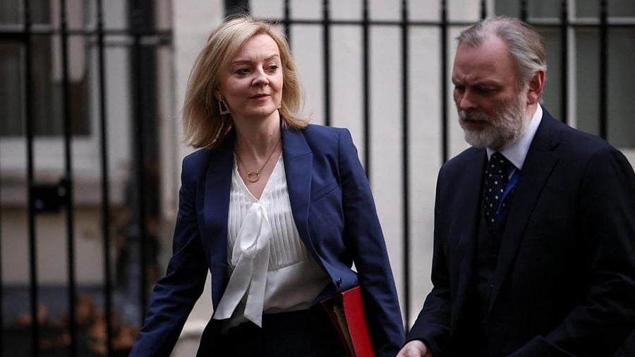British Foreign Secretary Liz Truss and Political Director at the Foreign, Commonwealth and Development Office (FCDO) Tim Barrow leave Downing Street after a COBR meeting. Credit: Reuters photo