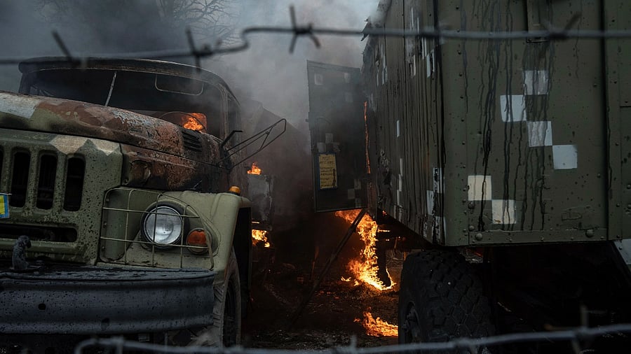 Ukrainian military track burns at an air defence base in the aftermath of an apparent Russian strike in Mariupol, Ukraine. Credit: AP Photo