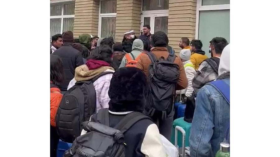 After Russian invasion. Indian students are trapped in Ukraine, waiting for help outside the embassy in Kyiv. Credit: IANS Photo