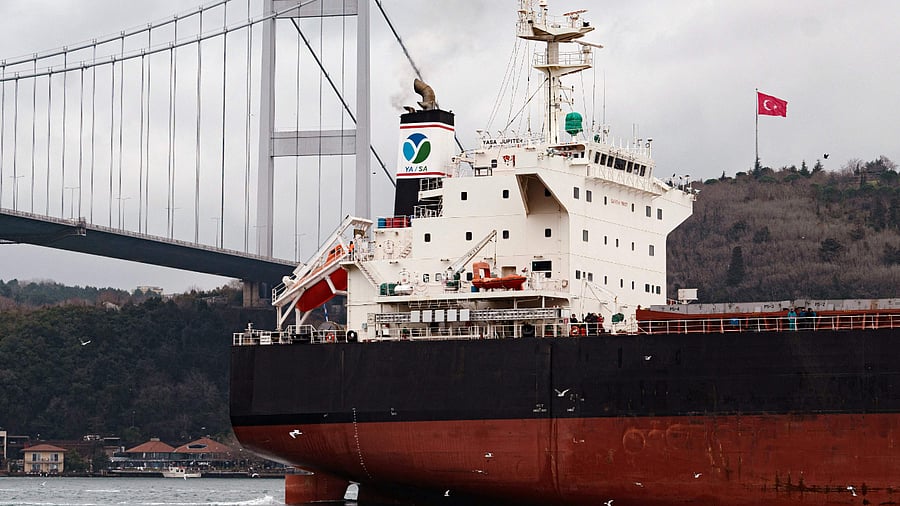 The Marshall Islands-flagged Turkish-owned Yasa Jupiter ship, which was hit by a missile off the coast of Ukraine's port city Odessa. Credit: AFP Photo