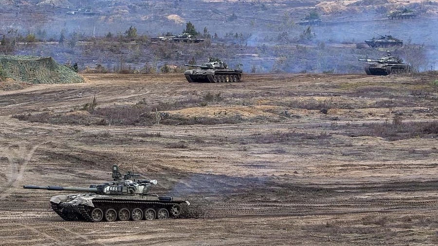  Russian and Belarus tanks during joint exercises of the armed forces of Russia and Belarus as part of an inspection of the Union State's Response Force, at a firing range near Brest. Credit: AFP File Photo
