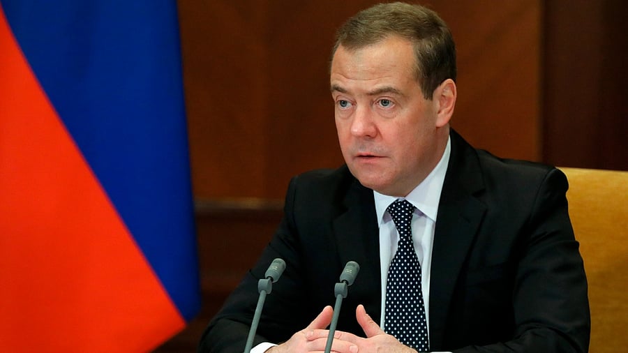 Russian Security Council Deputy Chairman and the head of the United Russia party Dmitry Medvedev speaks, in Moscow, Russia, Tuesday, Feb. 22, 2022. Credit: AP/PTI File Photo
