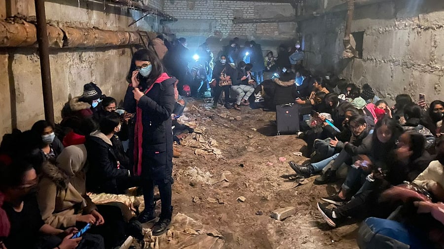 A group of Indian students taking shelter at a basement in Samy, Ukraine. Credit: Special Arrangement