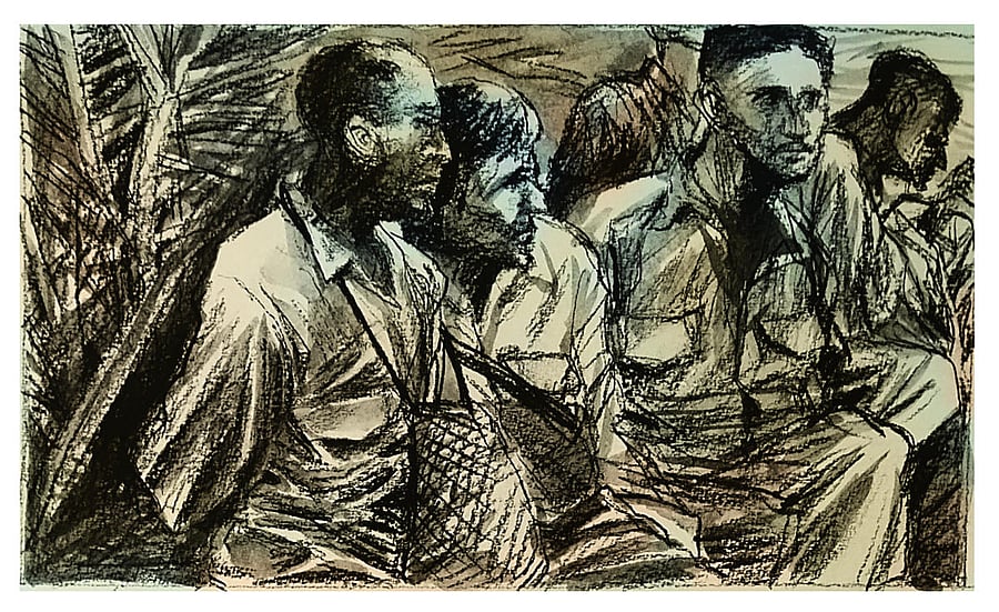 Second Lieutenant Mark Pillai, army doctor Capt Natarajan, lecturer K Radhakrishnan decide to flee Japanese-held Singapore in 1942. Illustration by M S Prakash Babu