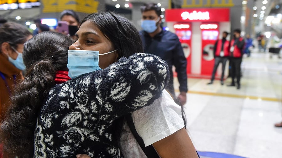 Indian nationals, evacuated from war-torn Ukraine, upon their arrival at the IGI Airport, in New Delhi. Credit: PTI Photo
