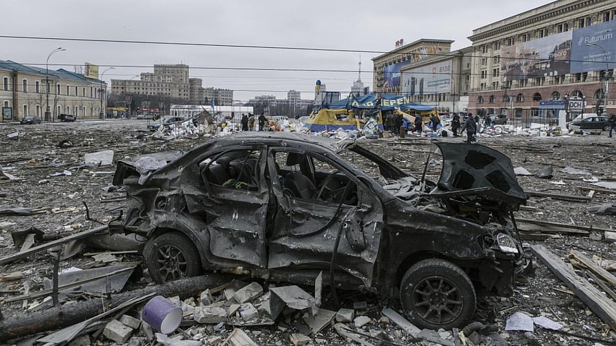 A view of the central square following shelling of the City Hall building in Kharkiv, Ukraine, Tuesday, March 1, 2022. Credit: AP Photo