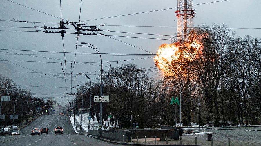 A TV tower in Kyiv of Ukraine was hit by a blast in an attack by Russian forces. Credit: Reuters Photo