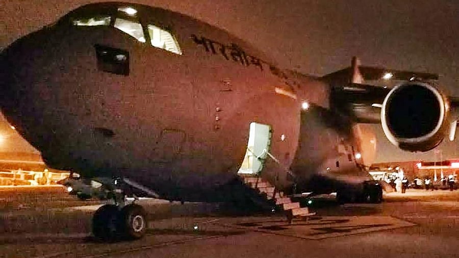 An IAF C-17 transport aircraft ready to fly for Romania to bring back Indian nationals, evacuated from war-torn Ukraine. Credit: PTI Photo