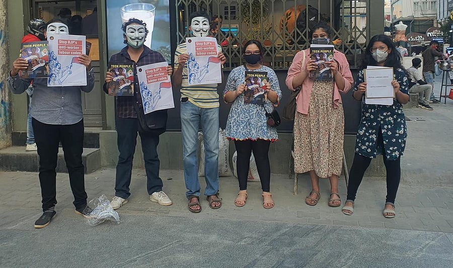 Members of the All India IT and ITes Employees Union during the #FridayProtest campaign at the M G Road Metro Station.
