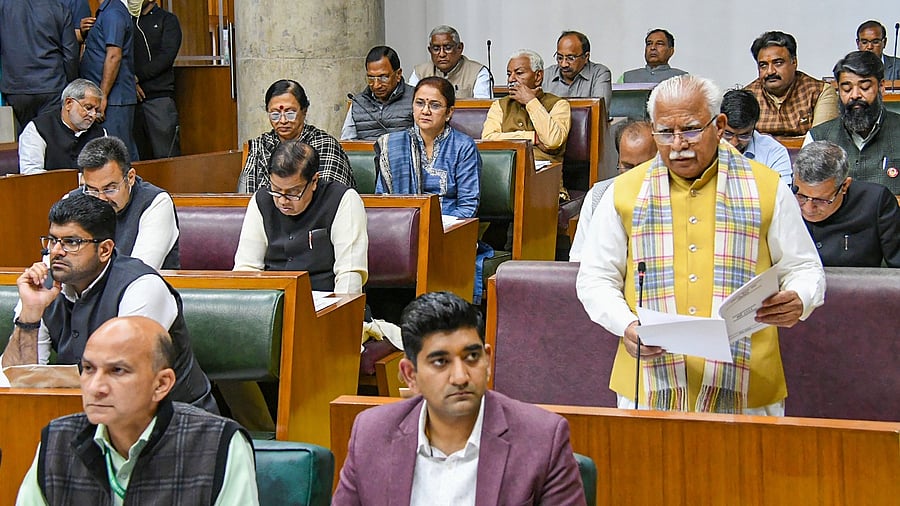 Haryana Chief Minister Manohar Lal Khattar in the Haryana Assembly. Credit: PTI Photo