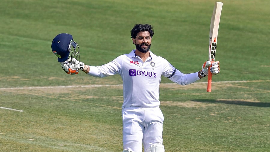 India’s Ravindra Jadeja celebrates his century during the 2nd day of 1st cricket test match between India and Sri Lanka. Credit: PTI Photo