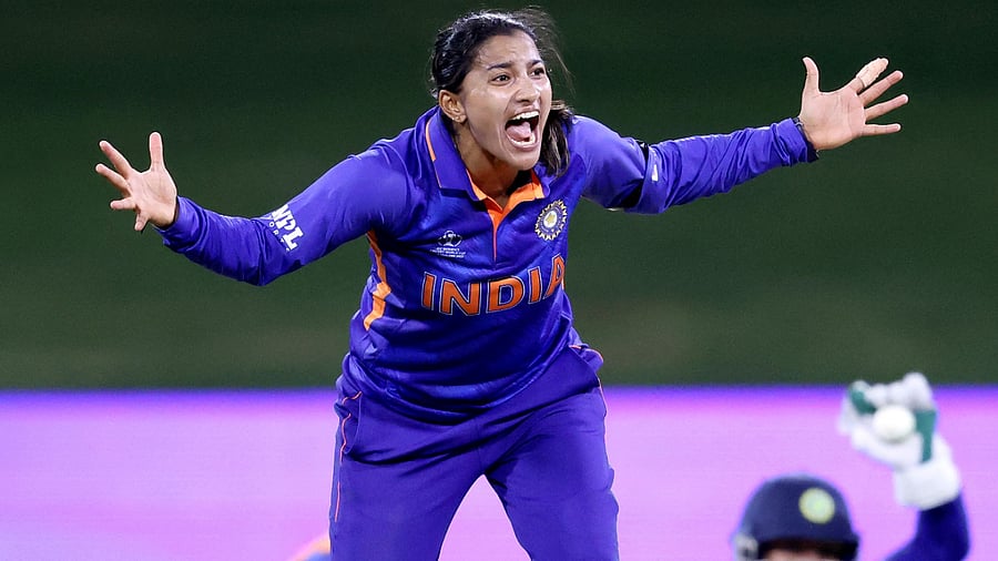 India's Sneh Rana celebrates the wicket of Pakistan’s Nashra Sandhu during the Round 1 Women's Cricket World Cup match in Tauranga. Credit: AFP Photo