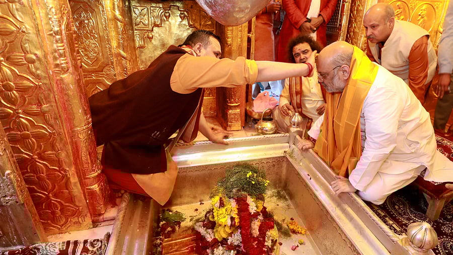 Union Home Minister Amit Shah during his visit to Kashi Vishwanath temple. Credit: PTI Photo