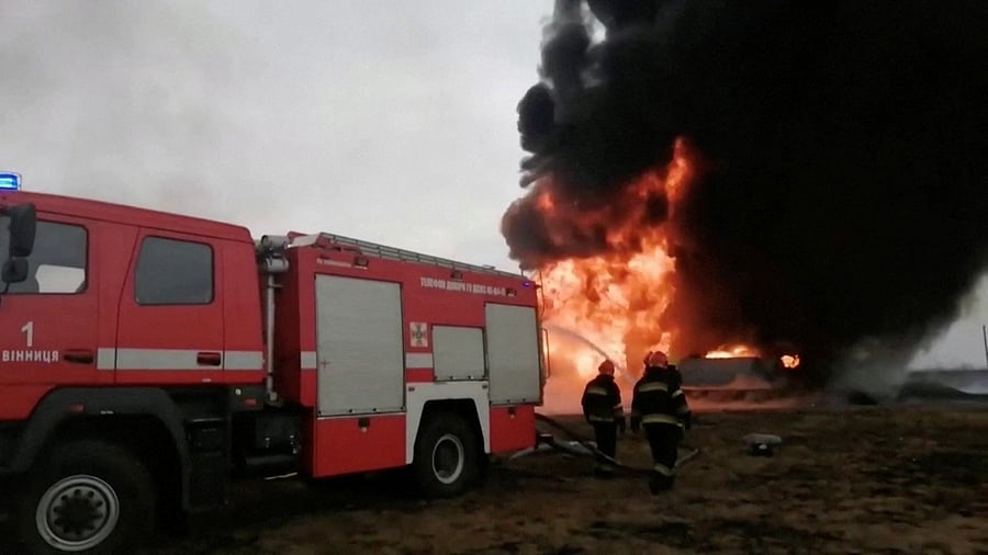 First responders work at the scene after a missile hit a building, amid the Russian invasion of Ukraine, at Havryshivka Vinnytsia International Airport, in Vinnytsia, Ukraine. Credit: Reuters Photo