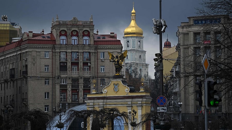 The belltower of Saint Sophia Cathedral shines in central Kyiv, as seen on February 24, 2022. Credit: AFP Photo