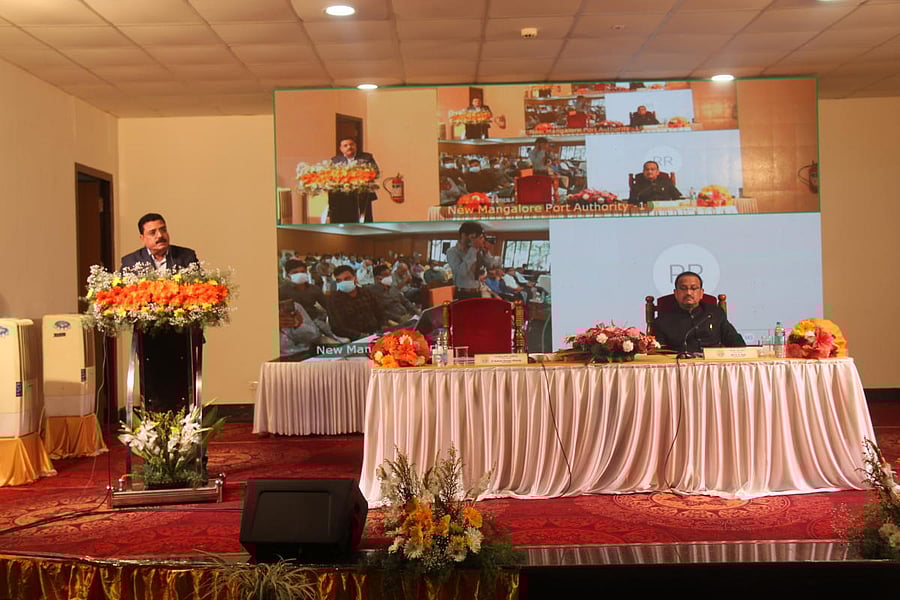 New Mangalore Port Authority Chairman A V Ramana speaks at a press and stakeholders' meet in Panambur.