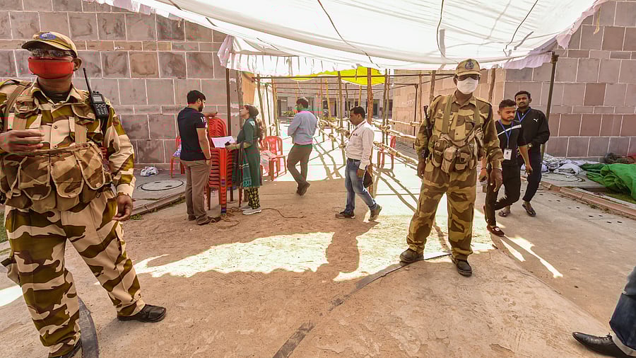 CISF personnel guard at the Ramabai Maidan counting centre, a day before counting of votes for Assembly polls, in Lucknow. Credit: PTI Photo