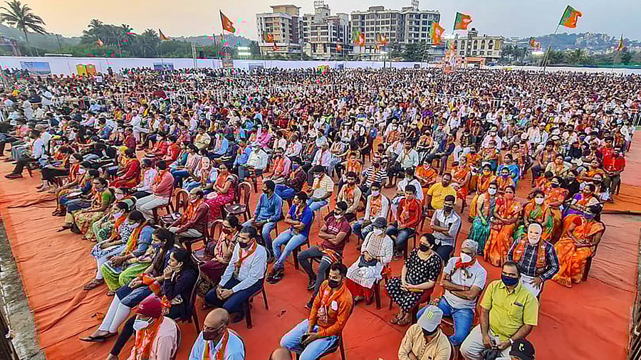 BJP supporters attend a rally by Prime Minister Narendra Modi, ahead of Goa assembly polls, at Mapusa in North Goa, Thursday, Feb. 10, 2022. Credit: PTI Photo