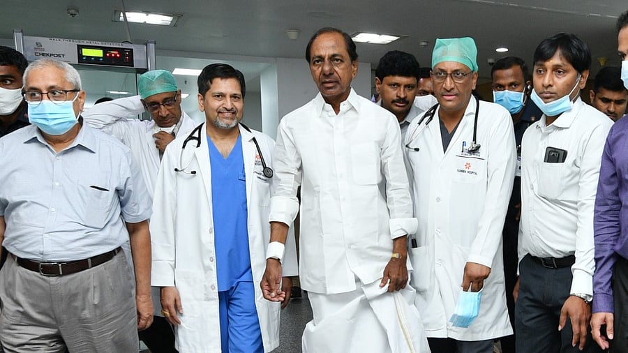 Telangana CM K Chandrasekhar Rao at a private hospital in Hyderabad where he received treatment. Credit: DH Photo