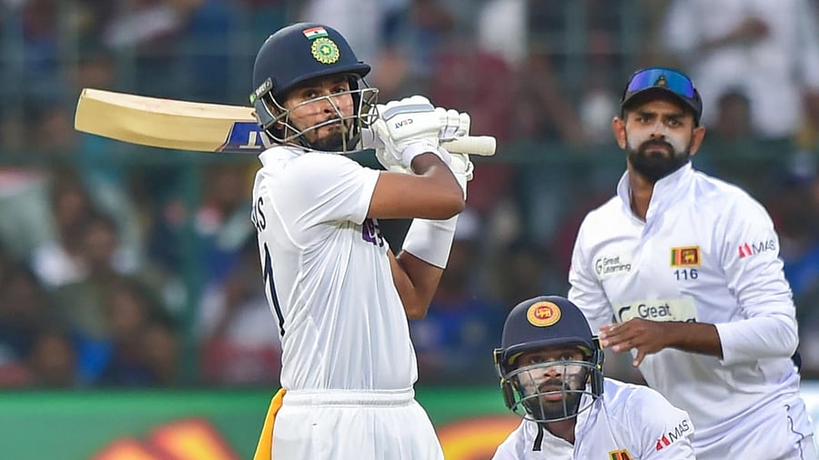 Shreyas Iyer plays a shot during the first day of the 2nd test cricket match between India and Sri Lanka at Chinnaswamy Stadium, in Bengaluru. Credit: PTI photo