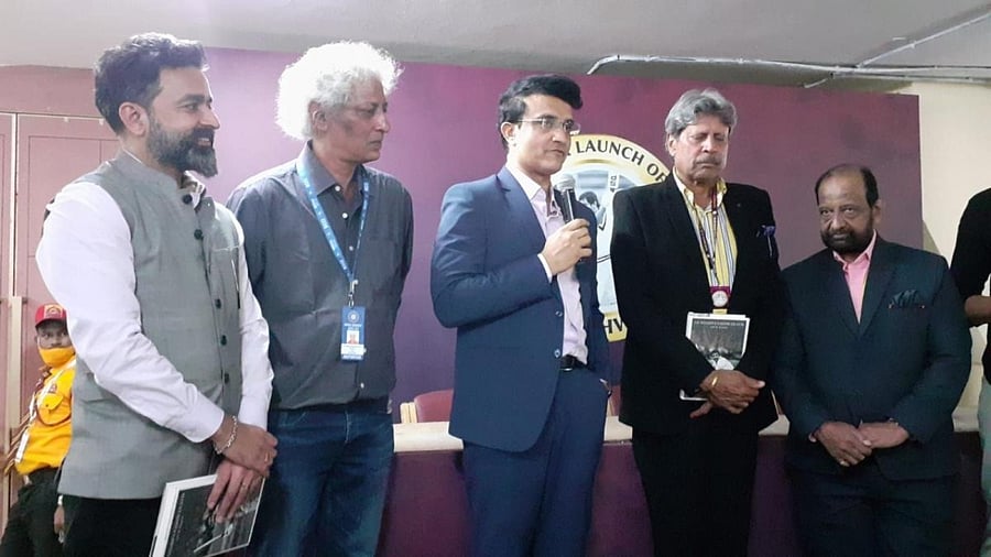Wrist Assured, the autobiography of India batting great GR Viswanath (right) was launched in Bengaluru on Sunday. Also seen are (from left) BCCI treasurer Arun Dhumal, co-author R Kaushik, BCCI president Sourav Ganguly and former India captain Kapil Dev. Credit: Special arrangement