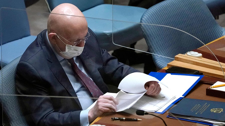 Russia Ambassador to the UN Vassily Nebenzia waits for a UN Security Council emergency meeting, in New York. Credit: AFP Photo