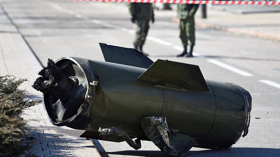 A fragment of a missile is seen in the street after shelling in the separatist-controlled city of Donetsk. Credit: Reuters Photo