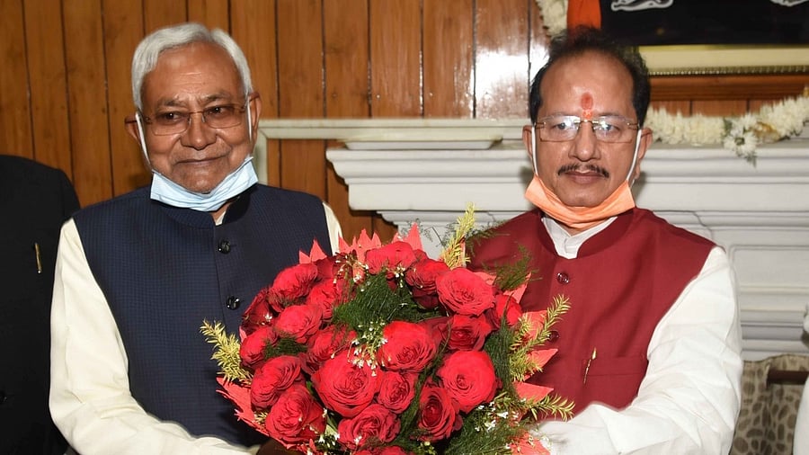 Bihar Chief Minister Nitish Kumar and state Assembly Speaker Vijay Sinha. Credit: IANS Photo