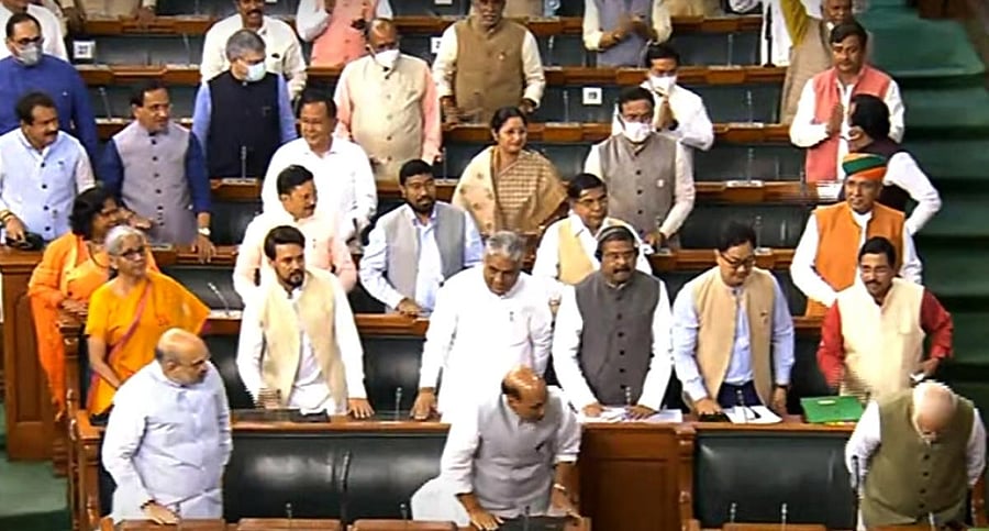 Prime Minister Narendra Modi being welcomed by the BJP MPs in Lok Sabha, amid chants of 'Modi, Modi', following the party's victory in assembly elections in Goa, Manipur, Uttarakhand, and Uttar Pradesh, during the second part of Budget Session, at the Parliament in New Delhi on Monday, March 14, 2022. Credit: Lok Sabha/IANS