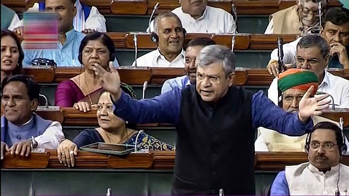 Railways Minister Ashwini Vaishnaw in the Lok Sabha. Credit: Sansad TV/PTI Photo