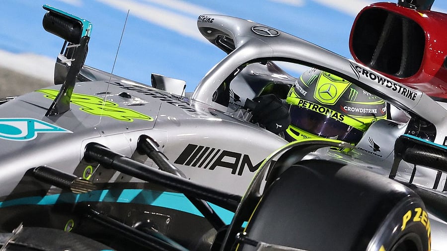 Mercedes' British driver Lewis Hamilton drives during the second practice session ahead of the Bahrain Formula One Grand Prix at the Bahrain International Circuit in the city of Sakhir. Credit: AFP Photo