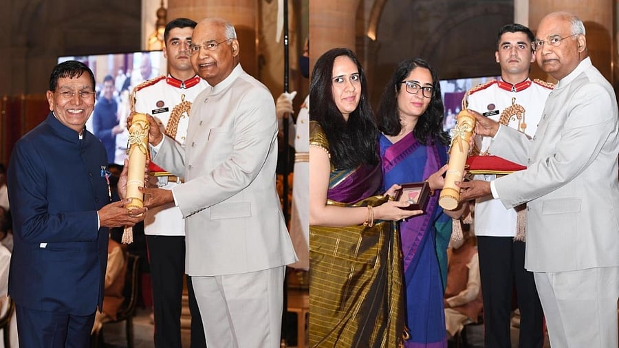 President Ram Nath Kovind presents Padma Shri to Prahalad Rai Agarwala (L) and Padma Vibhushan to General Bipin Rawat (Posthumous) for Civil Service. Credit: PTI Photo
