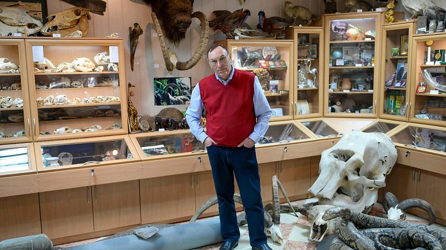 Director of Mykolaiv zoo Volodymyr Topchyi poses with an exploded Russian rocket that landed in their backyard in Mykolaiv, southern Ukraine. Credit: AFP Photo