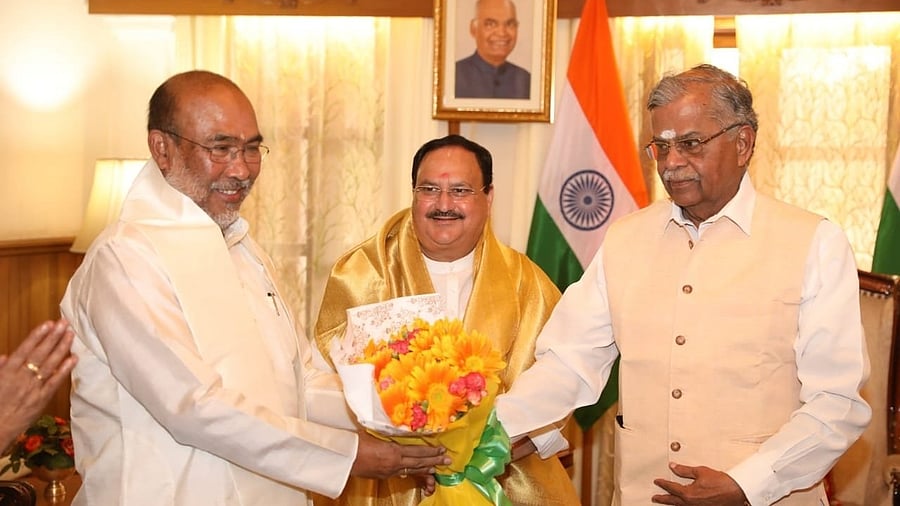 BJP National President JP Nadda congratulates N. Biren Singh on being re-elected as Chief Minister of Manipur, in Imphal. Credit: Twitter/IANS